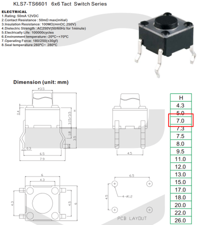 Кнопка 6х6х7 KLS